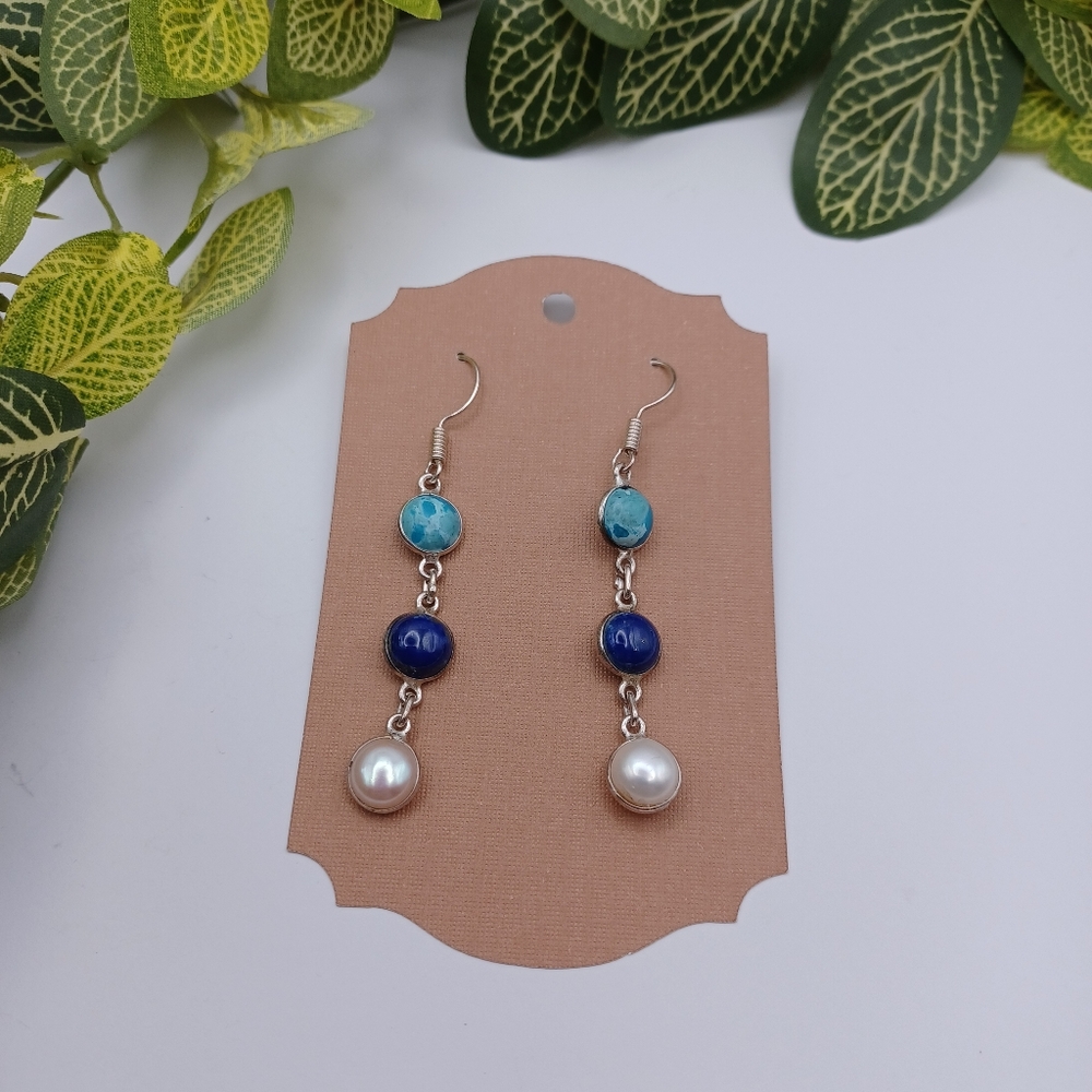 Turquoise, Lapis Lazuli, and Faux Pearl Drop Earrings